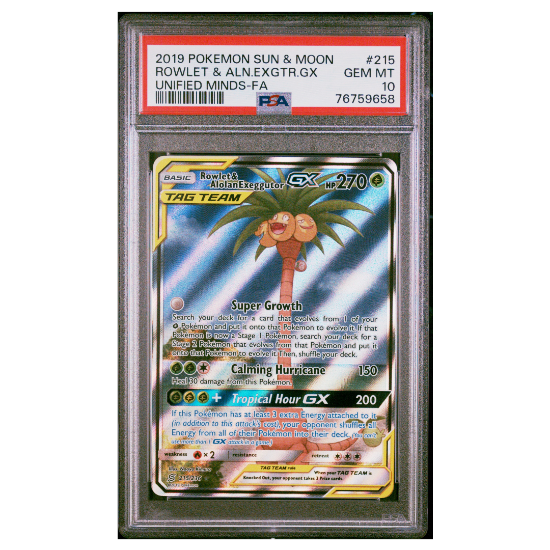 Rowlet & Alolan Exeggutor GX Alternate Art Unified Minds #215 PSA 10